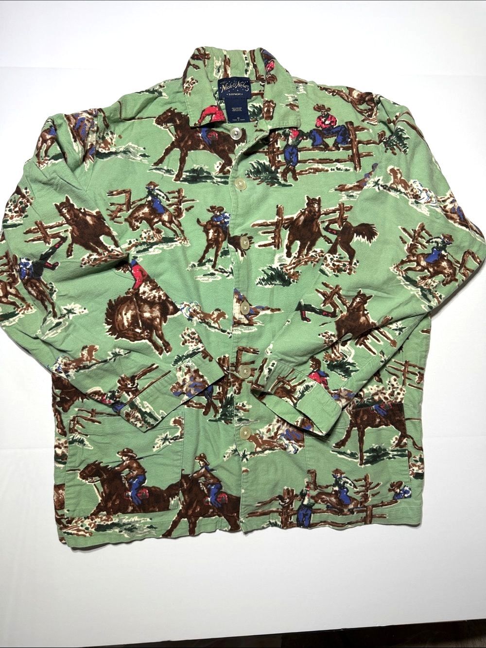 Nick & Nora Green Western Cowboy Print Button Pajama Top Kurt Cobain